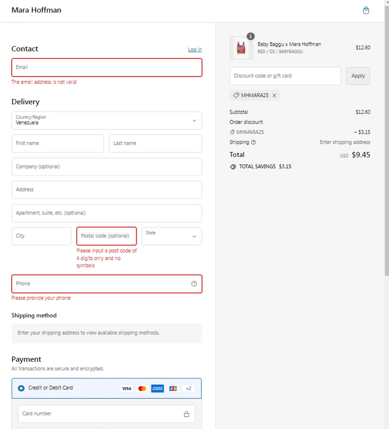 Mara Hoffman checkout page showing Mara Hoffman promo code box | Screenshot taken by SimplyCodes community member on Jul 18, 2024
