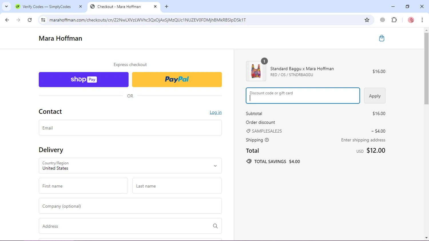 Mara Hoffman checkout page showing Mara Hoffman promo code box | Screenshot taken by SimplyCodes community member on Jul 18, 2024