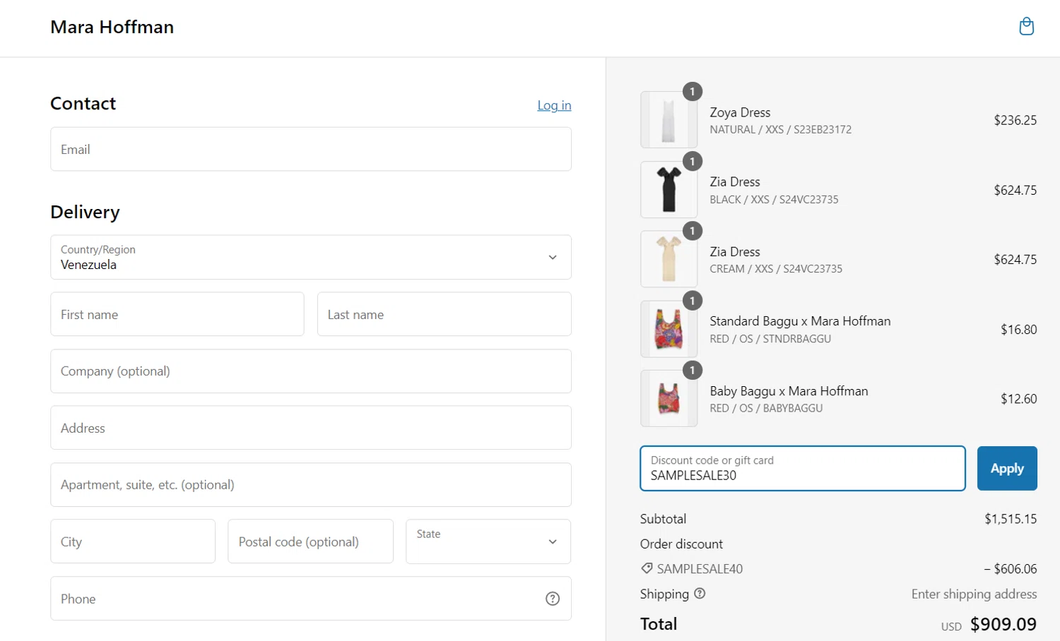 Mara Hoffman checkout page showing Mara Hoffman promo code box | Screenshot taken by SimplyCodes community member on Jul 18, 2024