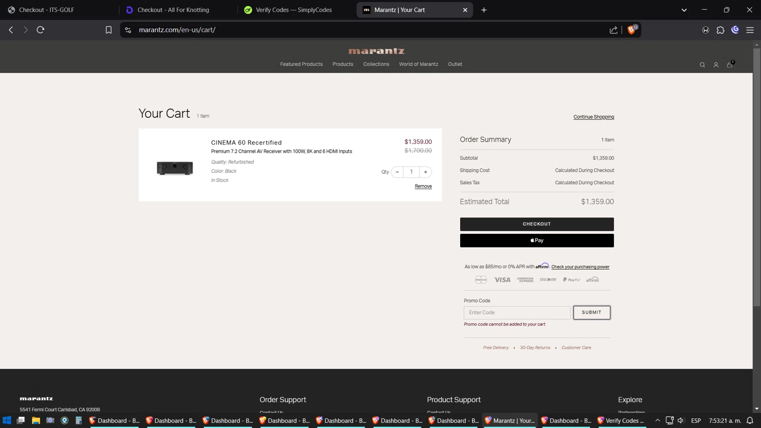 Marantz coupon code screenshot showing code CINEMA25 applied at Marantz checkout page. Uploaded by SimplyCodes community member Amidamaru on Mar 4, 2025
