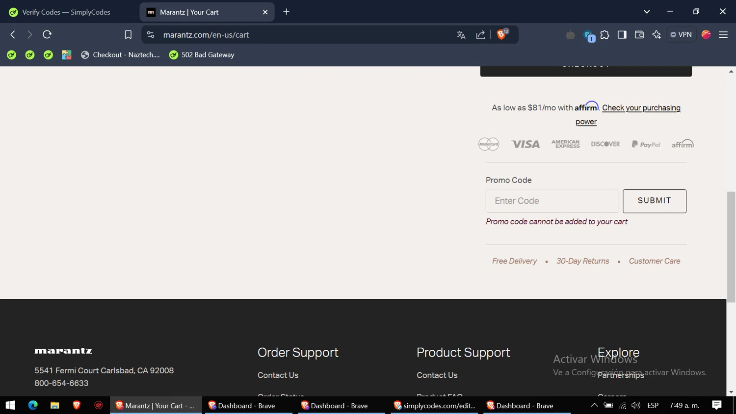 Marantz checkout page showing Marantz coupon code box | Screenshot taken by SimplyCodes community member on Jan 6, 2025