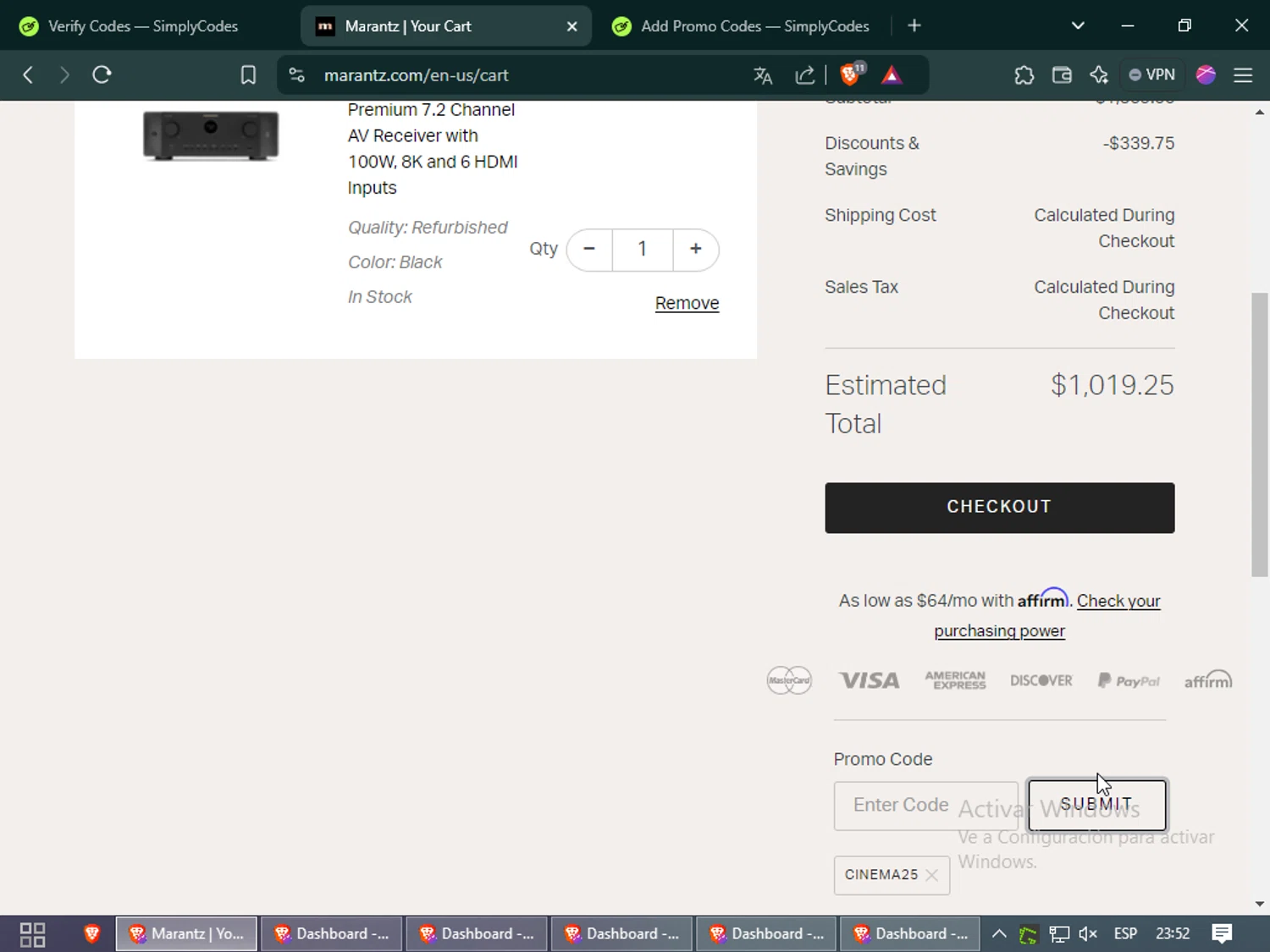 Marantz checkout page showing Marantz coupon code box | Screenshot taken by SimplyCodes community member on Dec 6, 2024