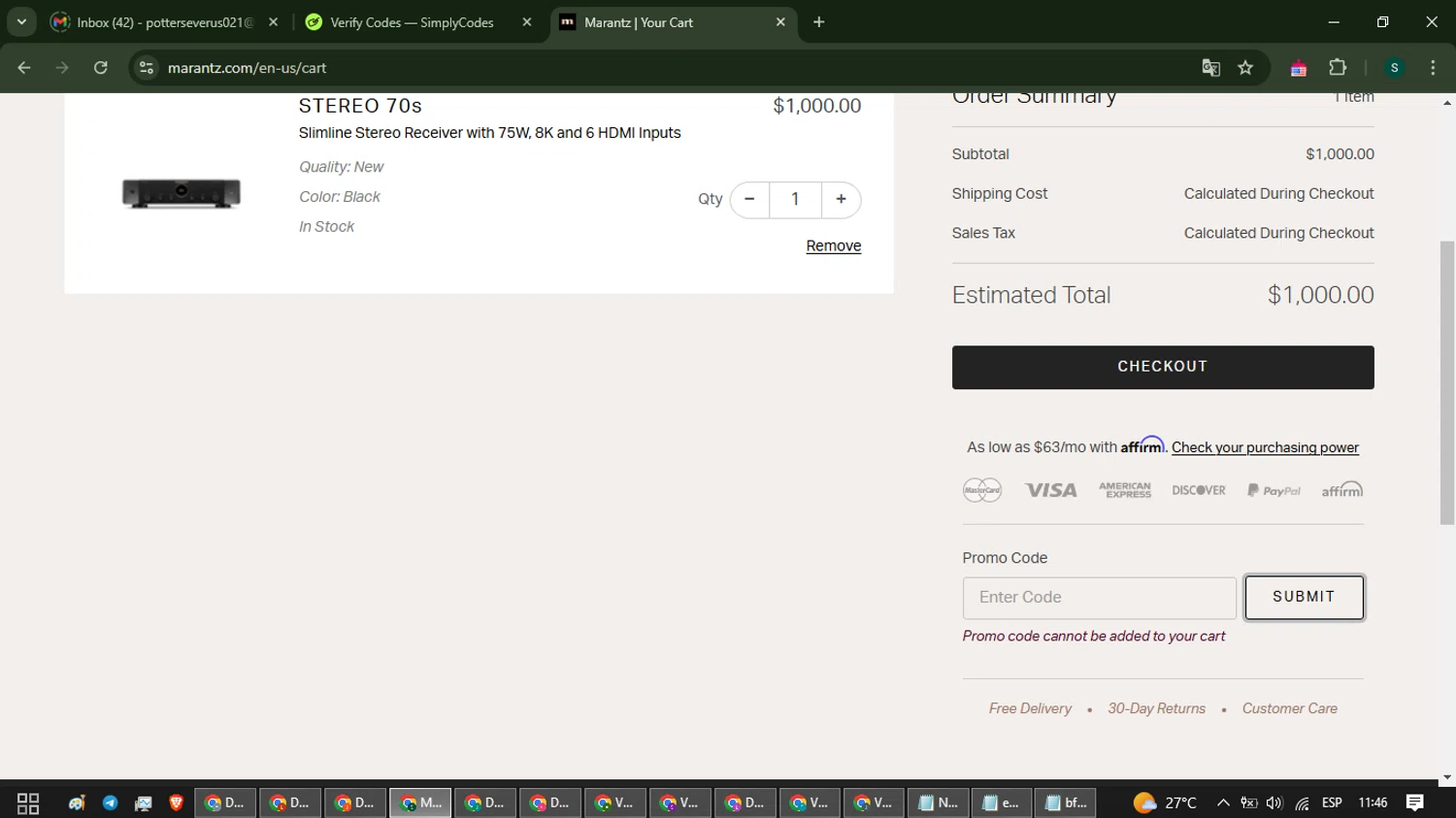 Marantz checkout page showing Marantz coupon code box | Screenshot taken by SimplyCodes community member on Feb 3, 2025
