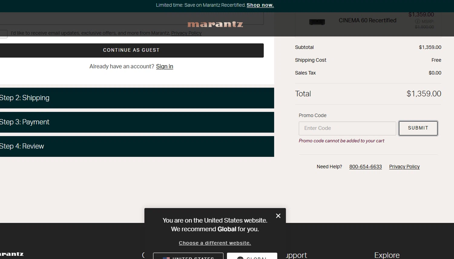 Marantz coupon code screenshot showing code CINEMA25 applied at Marantz checkout page. Uploaded by SimplyCodes community member ScanEagle5120 on Sep 3, 2025