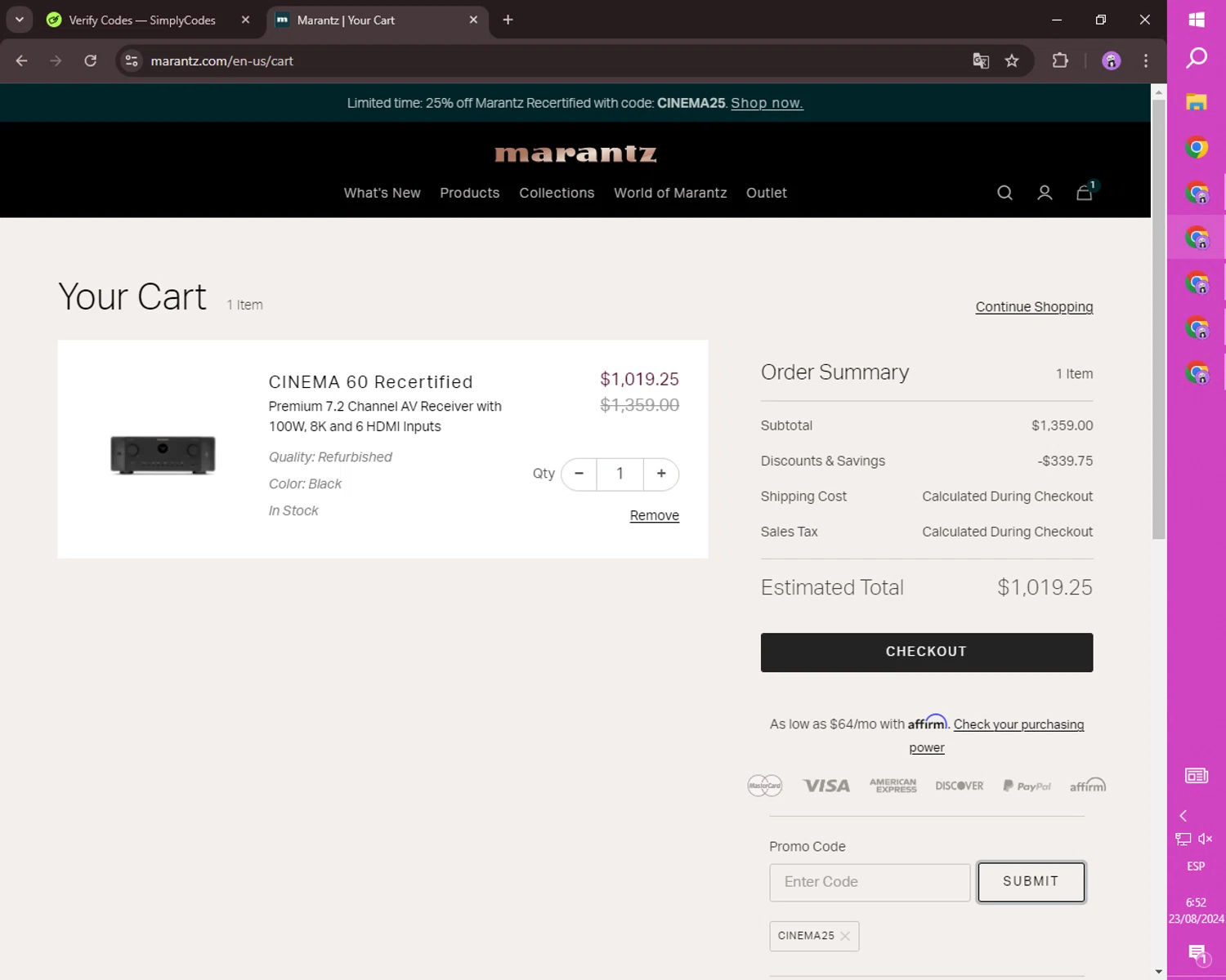 Marantz checkout page showing Marantz coupon code box | Screenshot taken by SimplyCodes community member on Aug 23, 2024