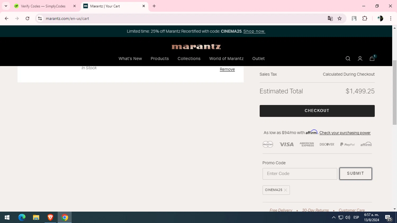 Marantz checkout page showing Marantz coupon code box | Screenshot taken by SimplyCodes community member on Aug 13, 2024