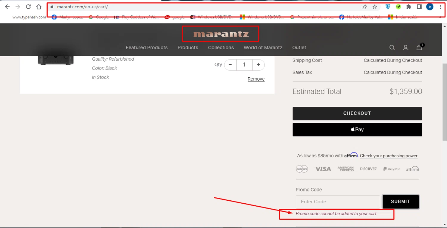 Marantz coupon code screenshot showing code CINEMA25 applied at Marantz checkout page. Uploaded by SimplyCodes community member victorchirino1 on Mar 4, 2025