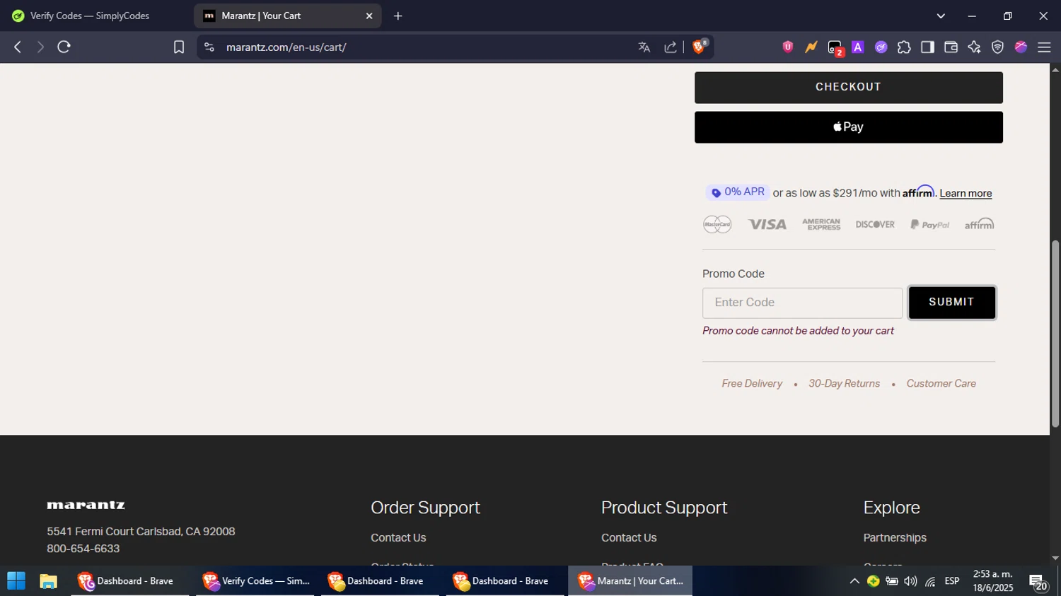 Marantz coupon code screenshot showing code MIDSOMMAR20 applied at Marantz checkout page. Uploaded by SimplyCodes community member NobleFox488 on Jun 18, 2025