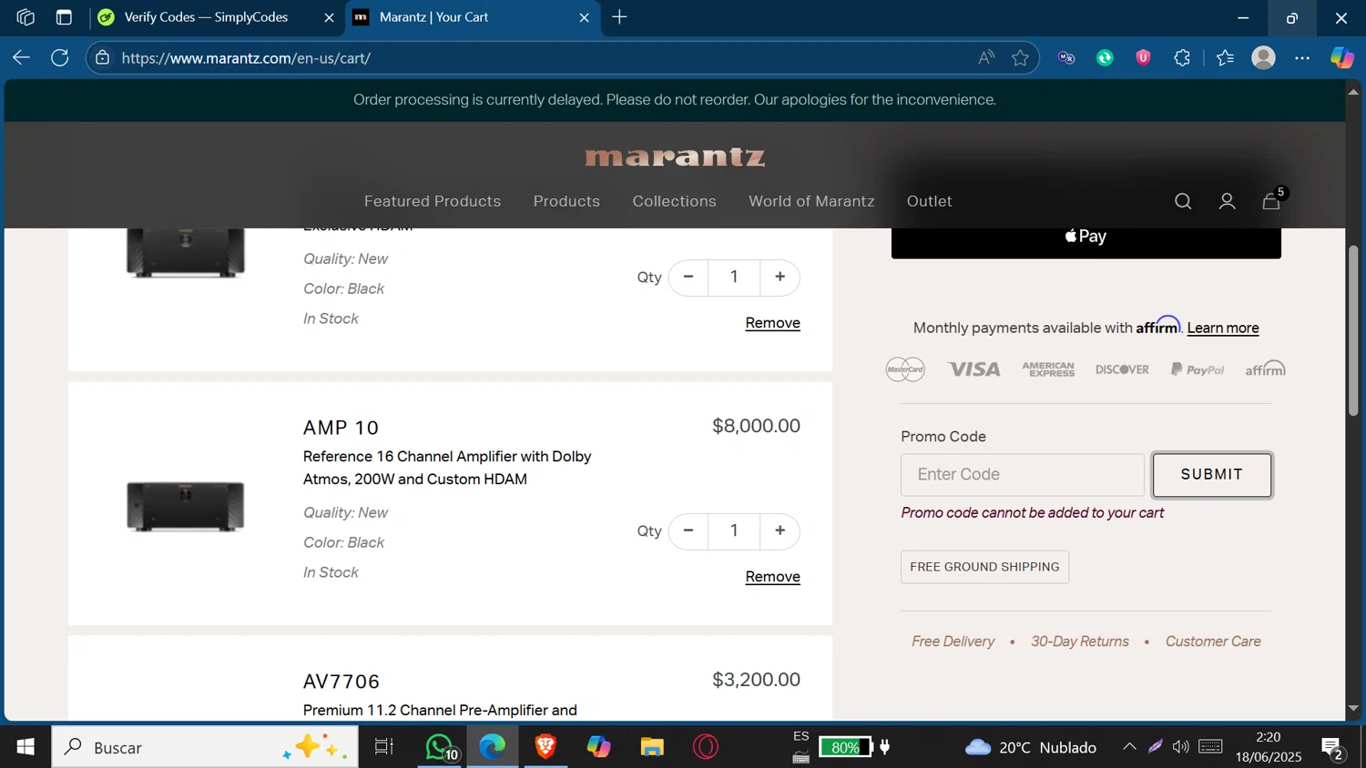 Marantz coupon code screenshot showing code MIDSOMMAR20 applied at Marantz checkout page. Uploaded by SimplyCodes community member Jeffersontorrealba on Jun 18, 2025