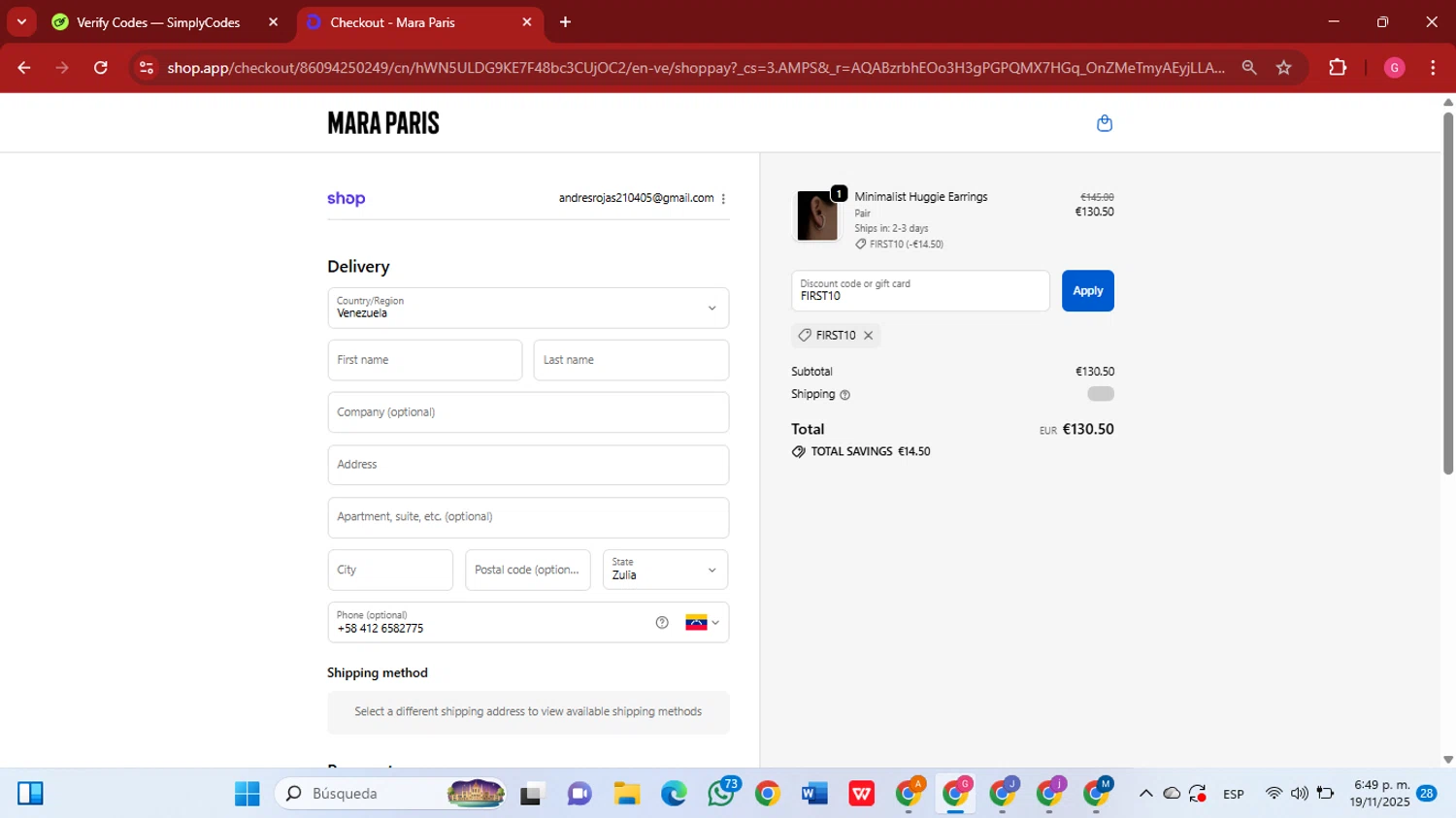Mara Paris discount code screenshot showing code FIRST10 applied at Mara Paris checkout page. Uploaded by SimplyCodes community member GGGilbert on Nov 19, 2025