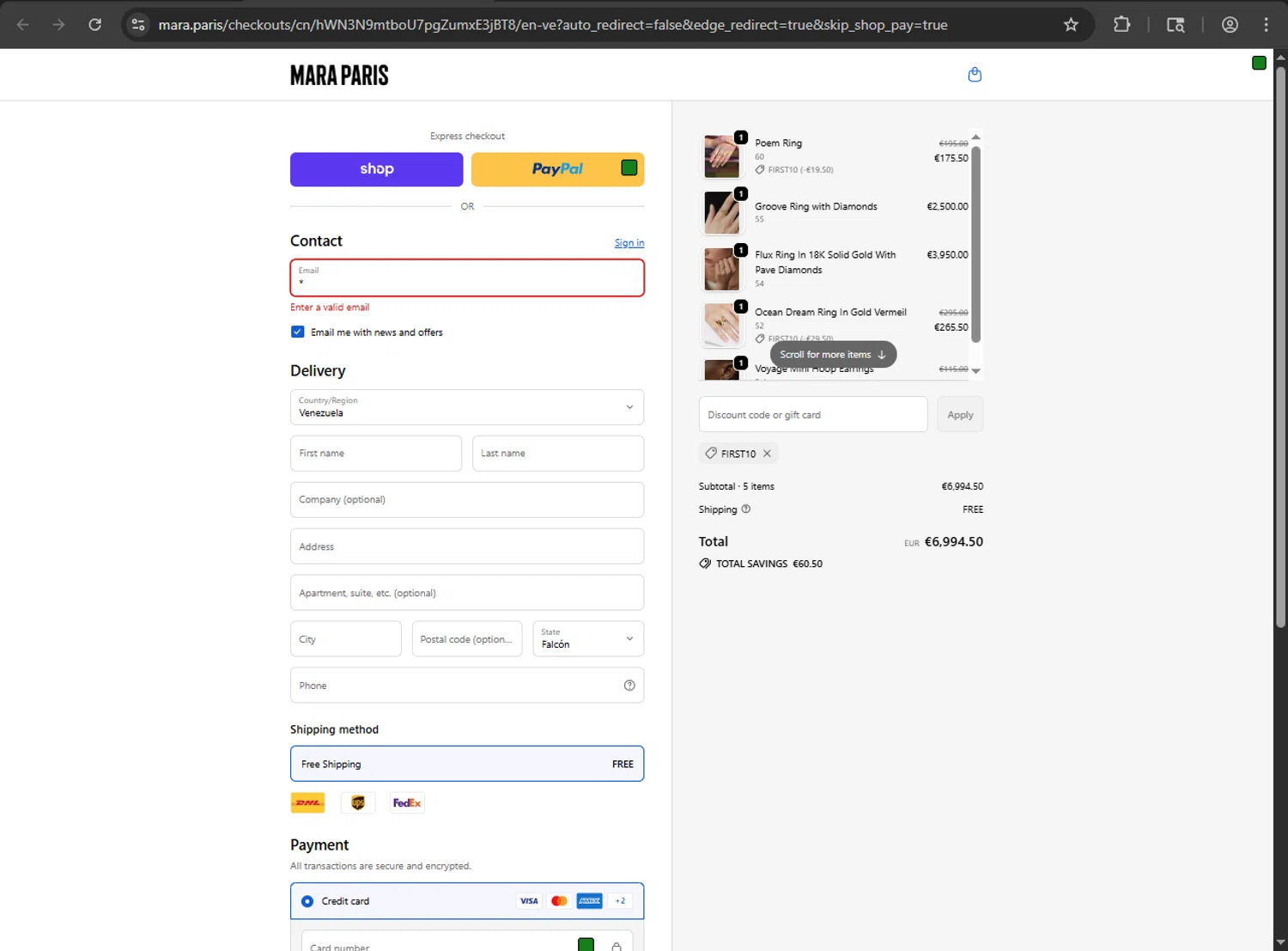 Mara Paris discount code screenshot showing code FIRST10 applied at Mara Paris checkout page. Uploaded by SimplyCodes community member fiadaz on Sep 25, 2025