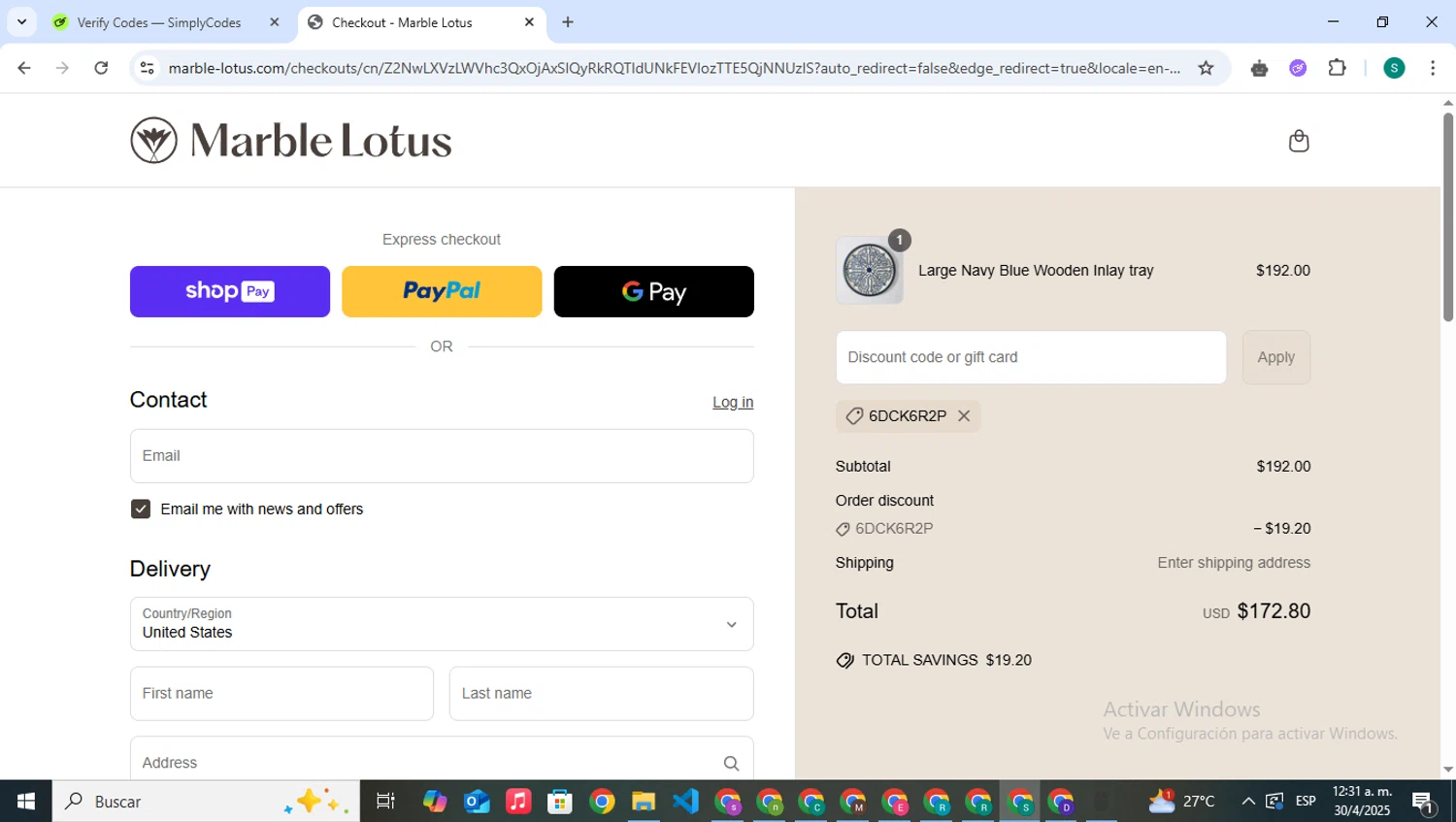 Marble Lotus promo code screenshot showing code 6DCK6R2P applied at Marble Lotus checkout page. Uploaded by SimplyCodes community member VictoriousPilot5281 on Apr 30, 2025