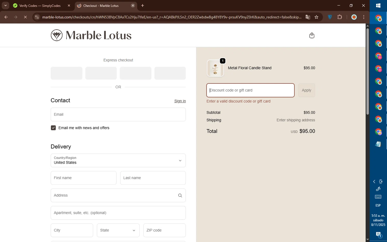 Marble Lotus promo code screenshot showing code FESTIVEFAMILY10 applied at Marble Lotus checkout page. Uploaded by SimplyCodes community member DealElite4728 on Nov 8, 2025