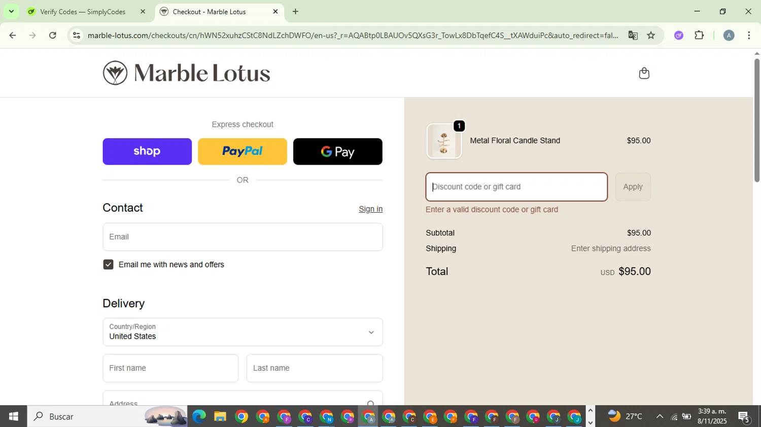 Marble Lotus promo code screenshot showing code FESTIVEFAMILY10 applied at Marble Lotus checkout page. Uploaded by SimplyCodes community member DiscountVirtuoso6243 on Nov 8, 2025