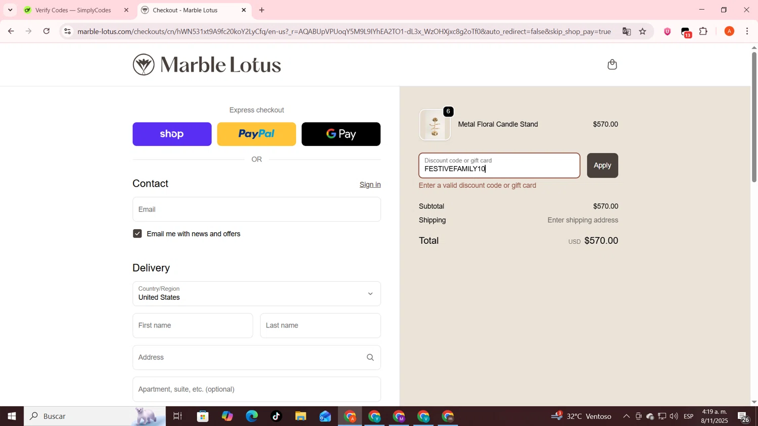 Marble Lotus promo code screenshot showing code FESTIVEFAMILY10 applied at Marble Lotus checkout page. Uploaded by SimplyCodes community member FrugalSentinel6206 on Nov 8, 2025