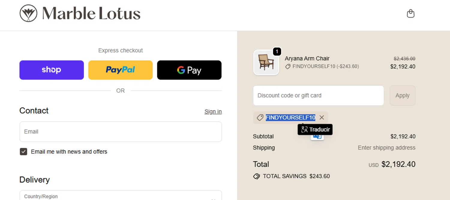Marble Lotus promo code screenshot showing code FINDYOURSELF10 applied at Marble Lotus checkout page. Uploaded by SimplyCodes community member Olorinnnnn on Nov 9, 2025