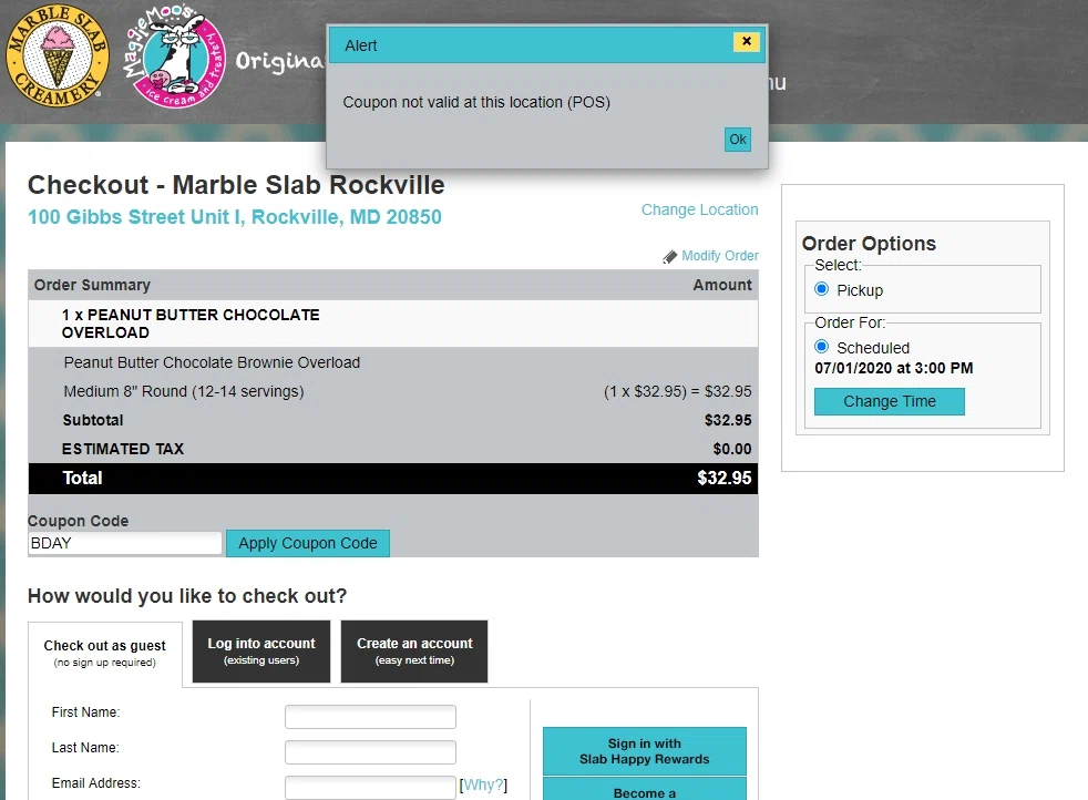Marble Slab Creamery checkout page showing Marble Slab Creamery coupon code box | Screenshot taken by SimplyCodes community member on Jun 29, 2020