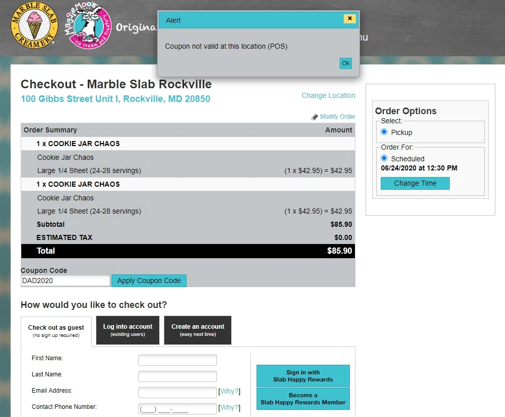 Marble Slab Creamery checkout page showing Marble Slab Creamery coupon code box | Screenshot taken by SimplyCodes community member on Jun 16, 2020
