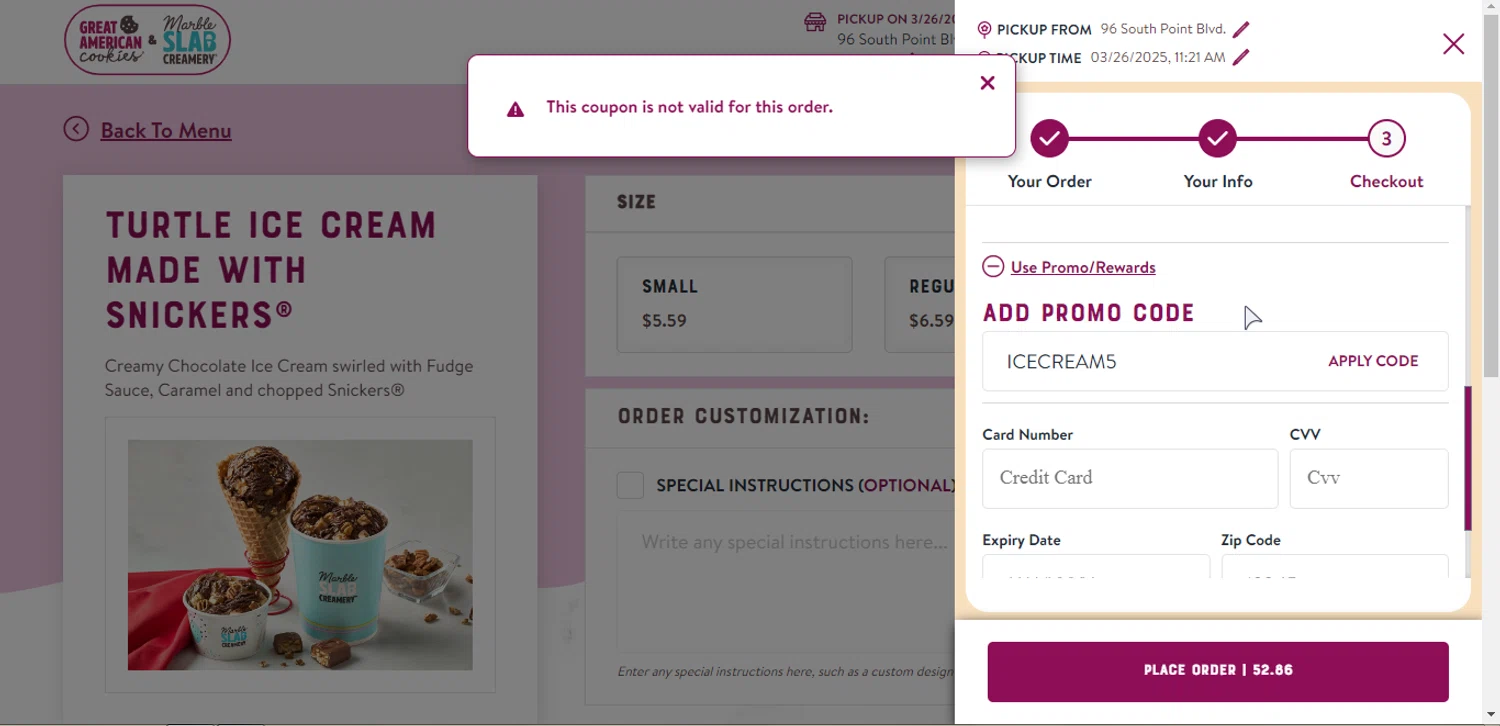 Marble Slab Creamery coupon code screenshot showing code ICECREAM5 applied at Marble Slab Creamery checkout page. Uploaded by SimplyCodes community member Franklincodes on Mar 26, 2025