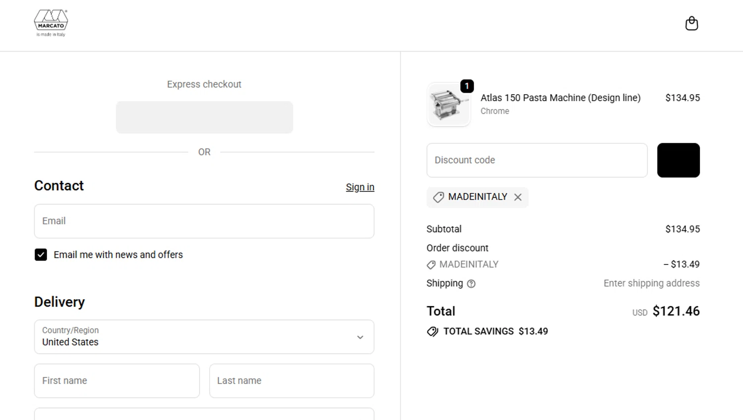 Marcato USA promo code screenshot showing code MADEINITALY applied at Marcato USA checkout page. Uploaded by SimplyCodes community member DiscountVoyager9396 on Nov 12, 2025