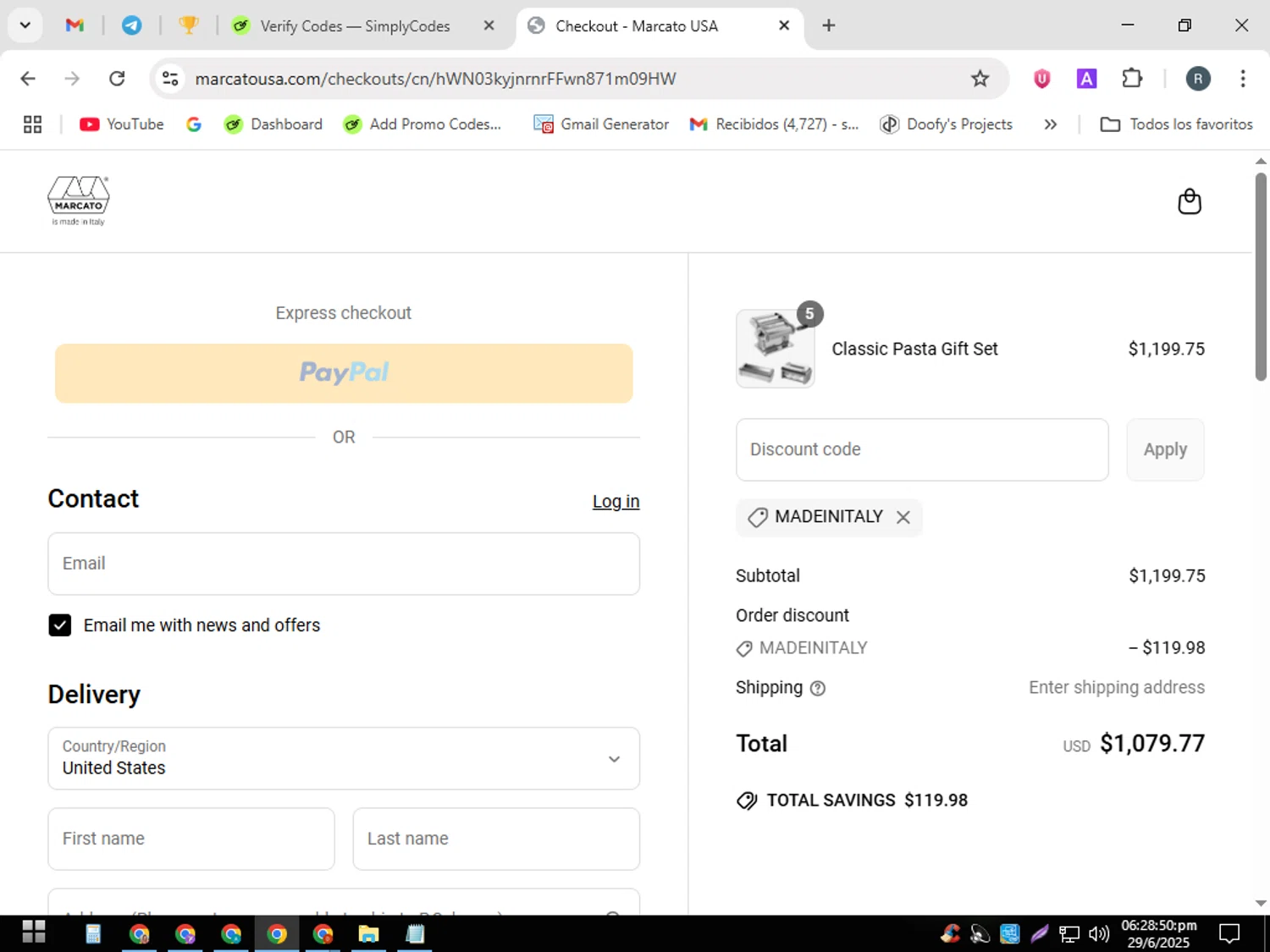 Marcato USA promo code screenshot showing code MADEINITALY applied at Marcato USA checkout page. Uploaded by SimplyCodes community member PennyWizard7963 on Jun 29, 2025