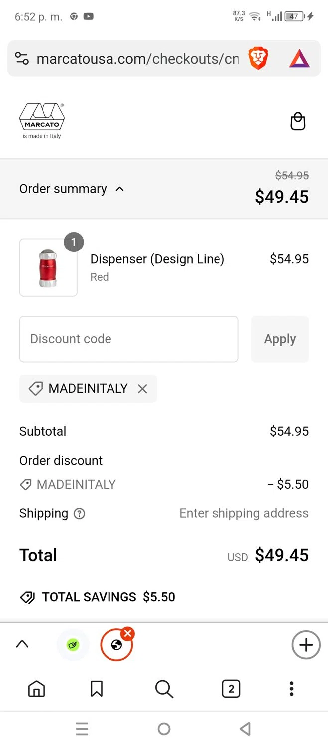 Marcato USA promo code screenshot showing code MADEINITALY applied at Marcato USA checkout page. Uploaded by SimplyCodes community member DiscountCollector1489 on Jan 21, 2025