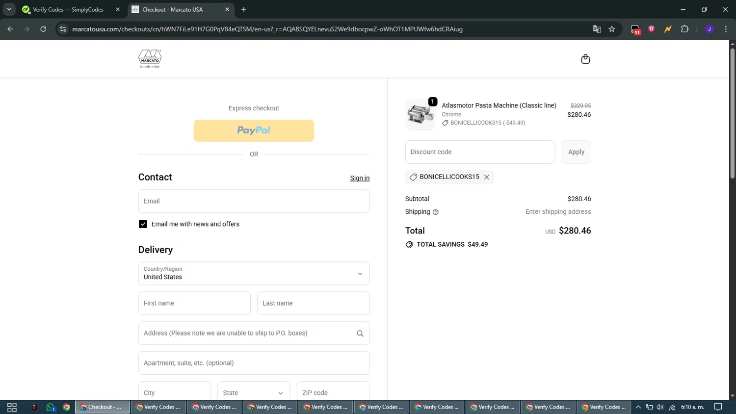 Marcato USA promo code screenshot showing code BONICELLICOOKS15 applied at Marcato USA checkout page. Uploaded by SimplyCodes community member WiseMaven9968 on Jan 5, 2026