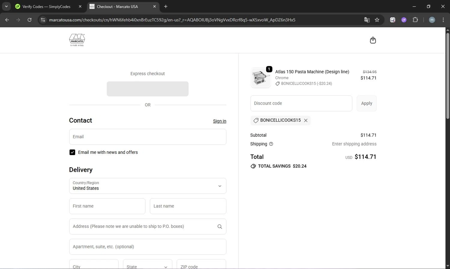 Marcato USA promo code screenshot showing code BONICELLICOOKS15 applied at Marcato USA checkout page. Uploaded by SimplyCodes community member acostaacosta on Dec 21, 2025