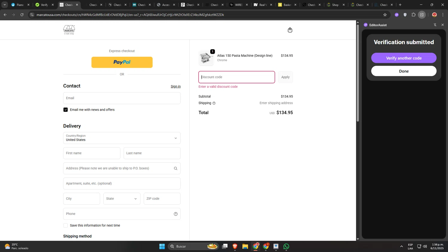 Marcato USA promo code screenshot showing code SPOOKYSWEET applied at Marcato USA checkout page. Uploaded by SimplyCodes community member GloriousWizard5474 on Nov 6, 2025