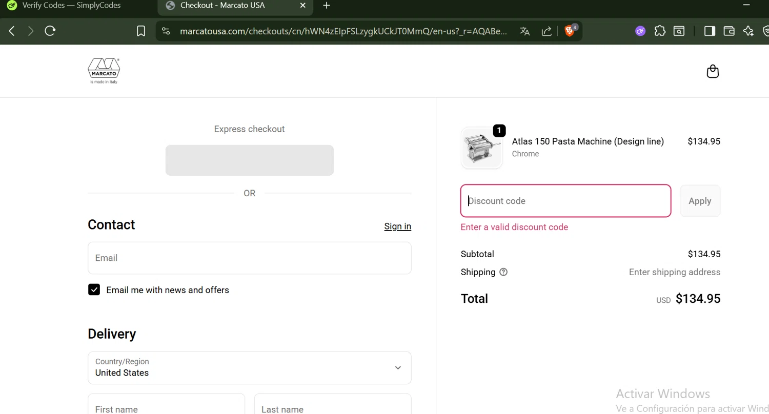 Marcato USA promo code screenshot showing code SPOOKYSWEET applied at Marcato USA checkout page. Uploaded by SimplyCodes community member SwiftLynx6587 on Nov 6, 2025