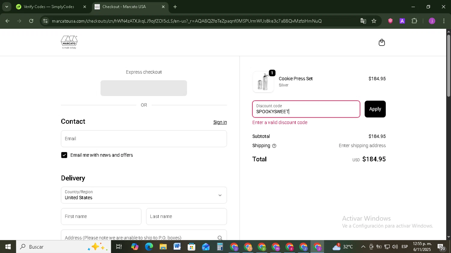 Marcato USA promo code screenshot showing code SPOOKYSWEET applied at Marcato USA checkout page. Uploaded by SimplyCodes community member Tazbravo on Nov 6, 2025