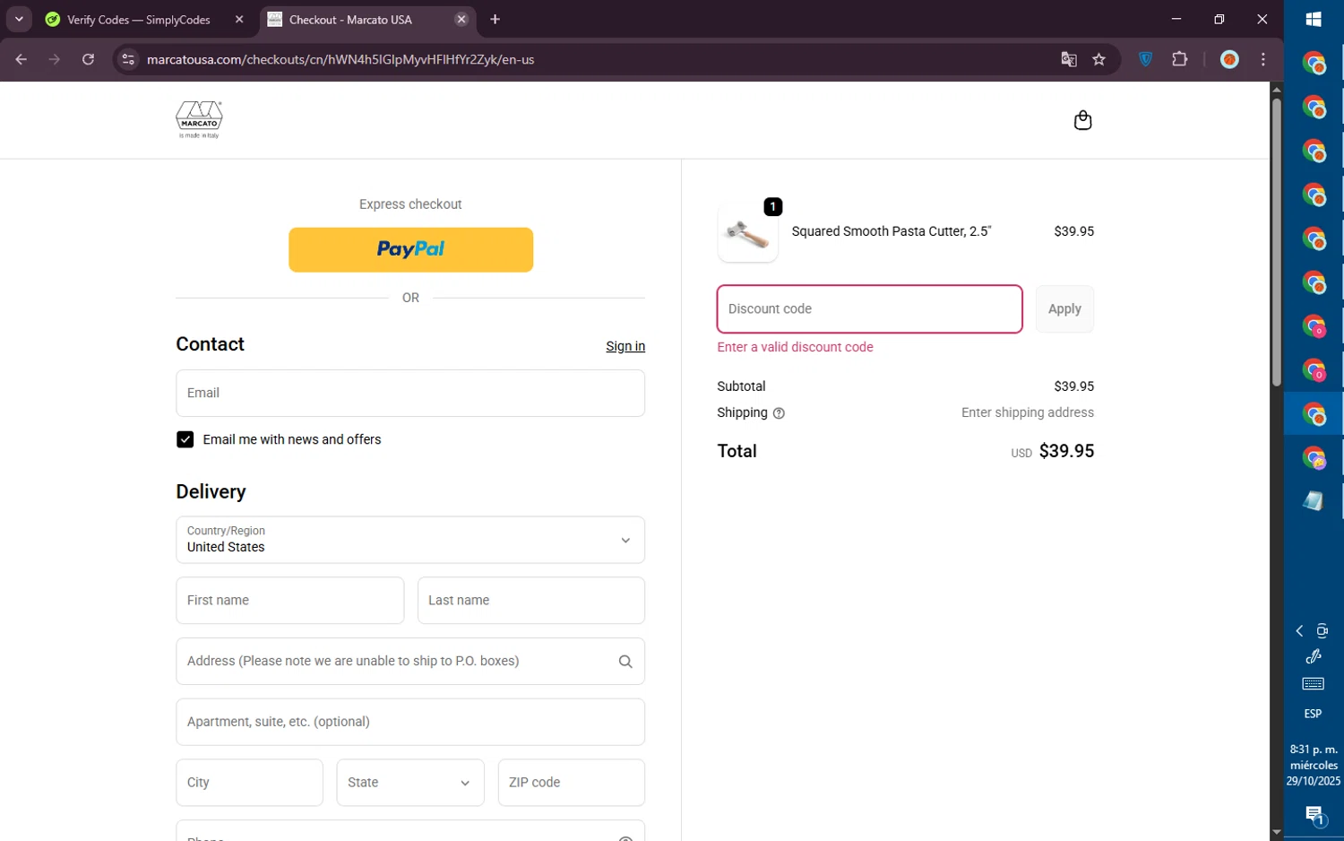 Marcato USA promo code screenshot showing code worldpastaday25 applied at Marcato USA checkout page. Uploaded by SimplyCodes community member PromoVoyager8446 on Oct 30, 2025