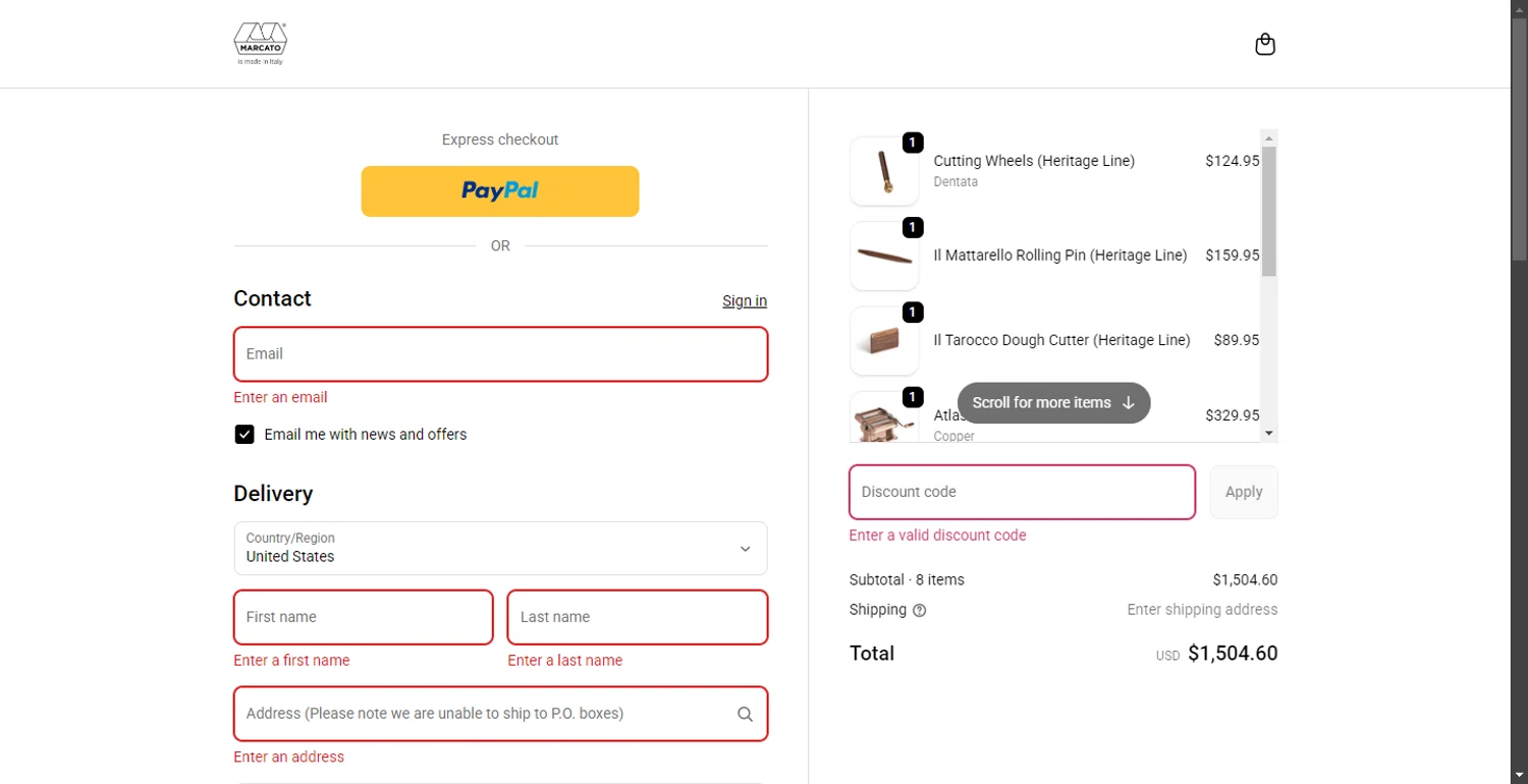 Marcato USA promo code screenshot showing code worldpastaday25 applied at Marcato USA checkout page. Uploaded by SimplyCodes community member SavvyHawk1474 on Oct 30, 2025