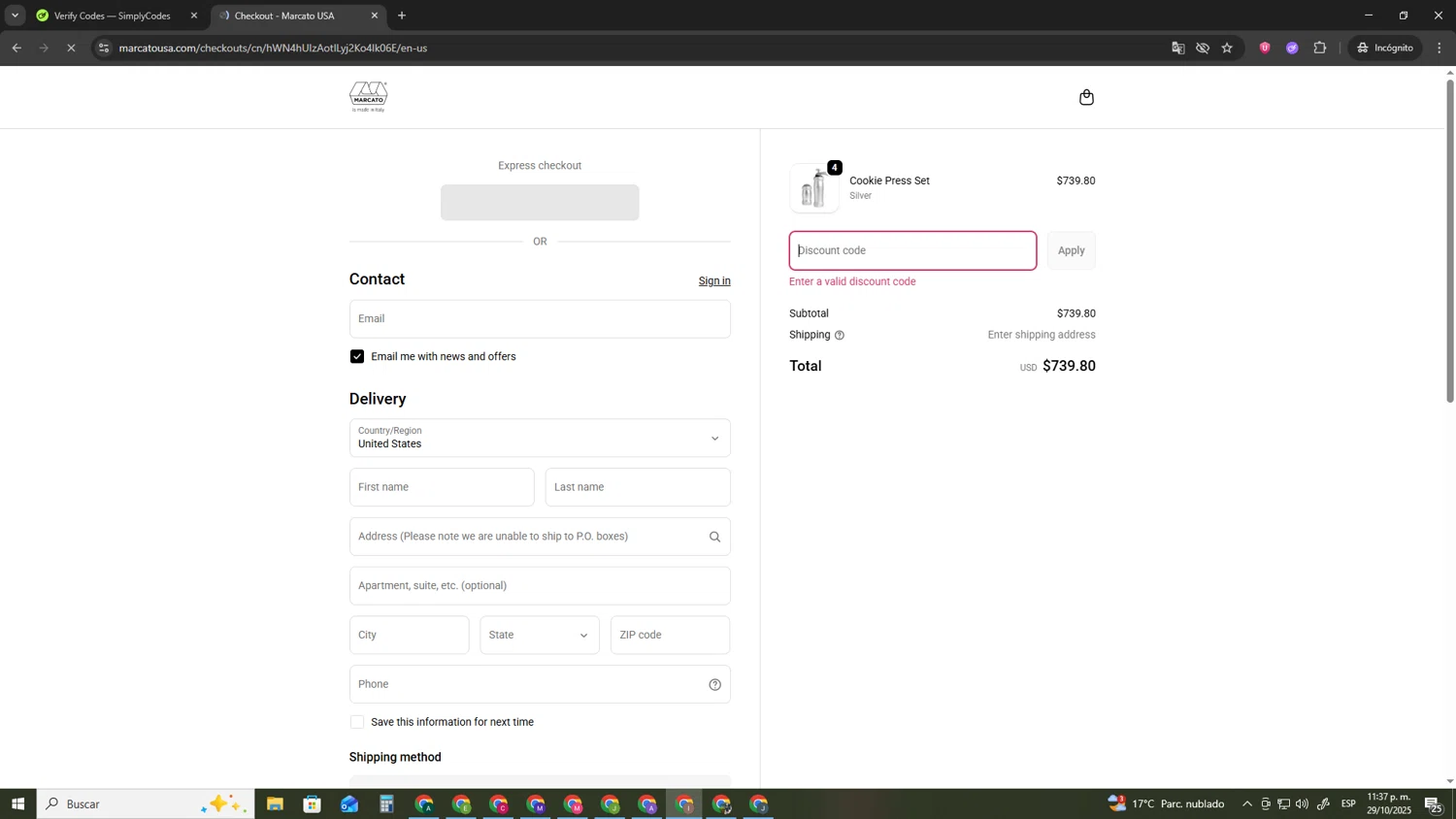Marcato USA promo code screenshot showing code worldpastaday25 applied at Marcato USA checkout page. Uploaded by SimplyCodes community member pequenokalvin5 on Oct 30, 2025