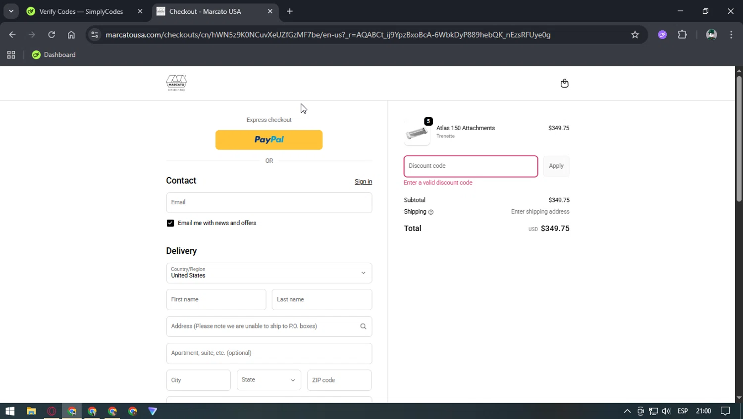 Marcato USA promo code screenshot showing code bfcm25 applied at Marcato USA checkout page. Uploaded by SimplyCodes community member Franyer on Dec 3, 2025