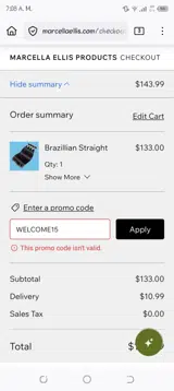 WELCOME15 coupon verification screenshot