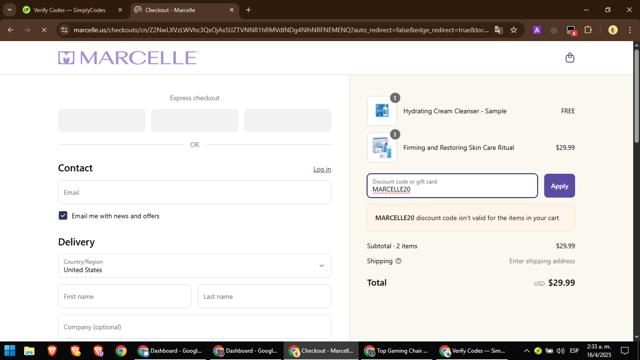 Marcelle checkout page showing Marcelle coupon code box | Screenshot taken by SimplyCodes community member on Apr 16, 2025