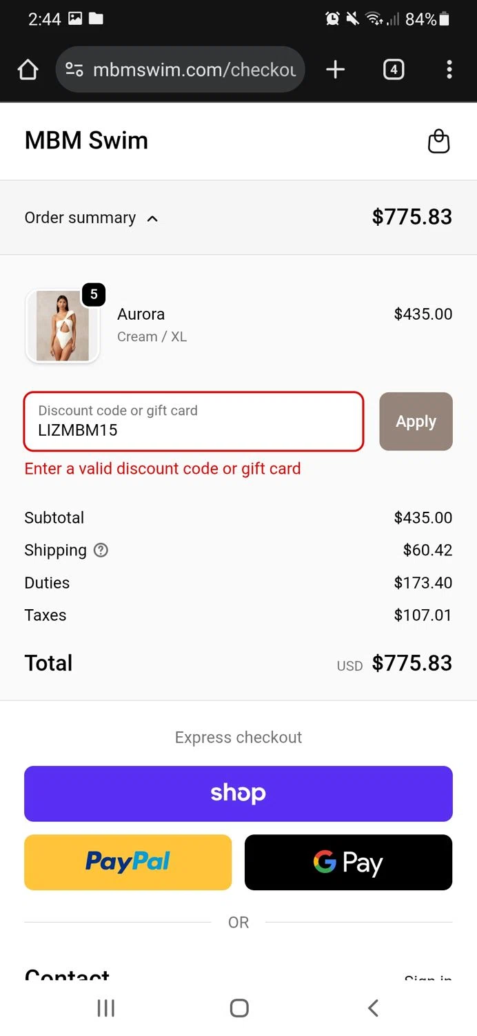 MBM Swim discount code screenshot showing code LIZMBM15 applied at MBM Swim checkout page. Uploaded by SimplyCodes community member CouponSaver4196 on Oct 18, 2025