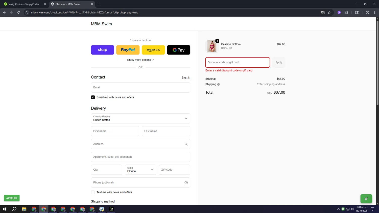 MBM Swim discount code screenshot showing code TEXTLOVE10 applied at MBM Swim checkout page. Uploaded by SimplyCodes community member aaaaaaaaaaaaaaaa on Oct 18, 2025