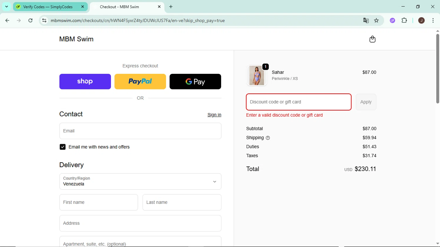 MBM Swim discount code screenshot showing code TEXTLOVE10 applied at MBM Swim checkout page. Uploaded by SimplyCodes community member LegendaryAce8627 on Oct 18, 2025