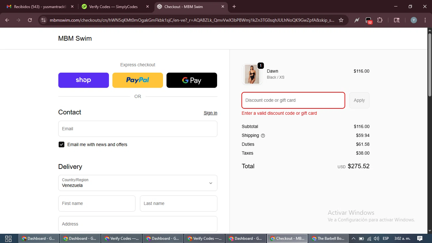 MBM Swim discount code screenshot showing code mbmvip40 applied at MBM Swim checkout page. Uploaded by SimplyCodes community member MoneyTiger5162 on Nov 29, 2025