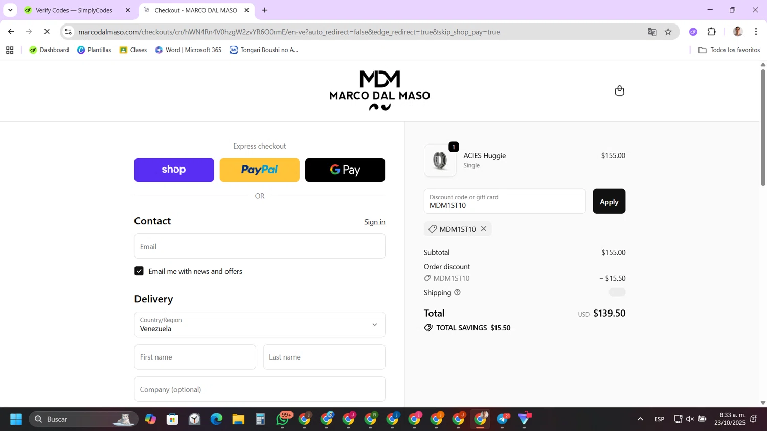 MARCO DAL MASO promo code screenshot showing code MDM1ST10 applied at MARCO DAL MASO checkout page. Uploaded by SimplyCodes community member FernandoLetex on Oct 23, 2025
