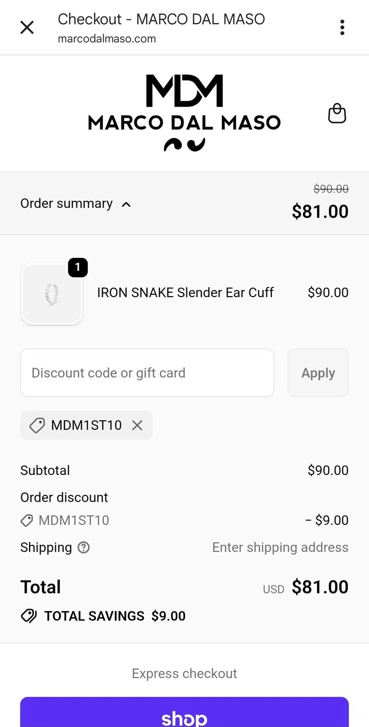 MARCO DAL MASO promo code screenshot showing code MDM1ST10 applied at MARCO DAL MASO checkout page. Uploaded by SimplyCodes community member alfock22 on Oct 19, 2025