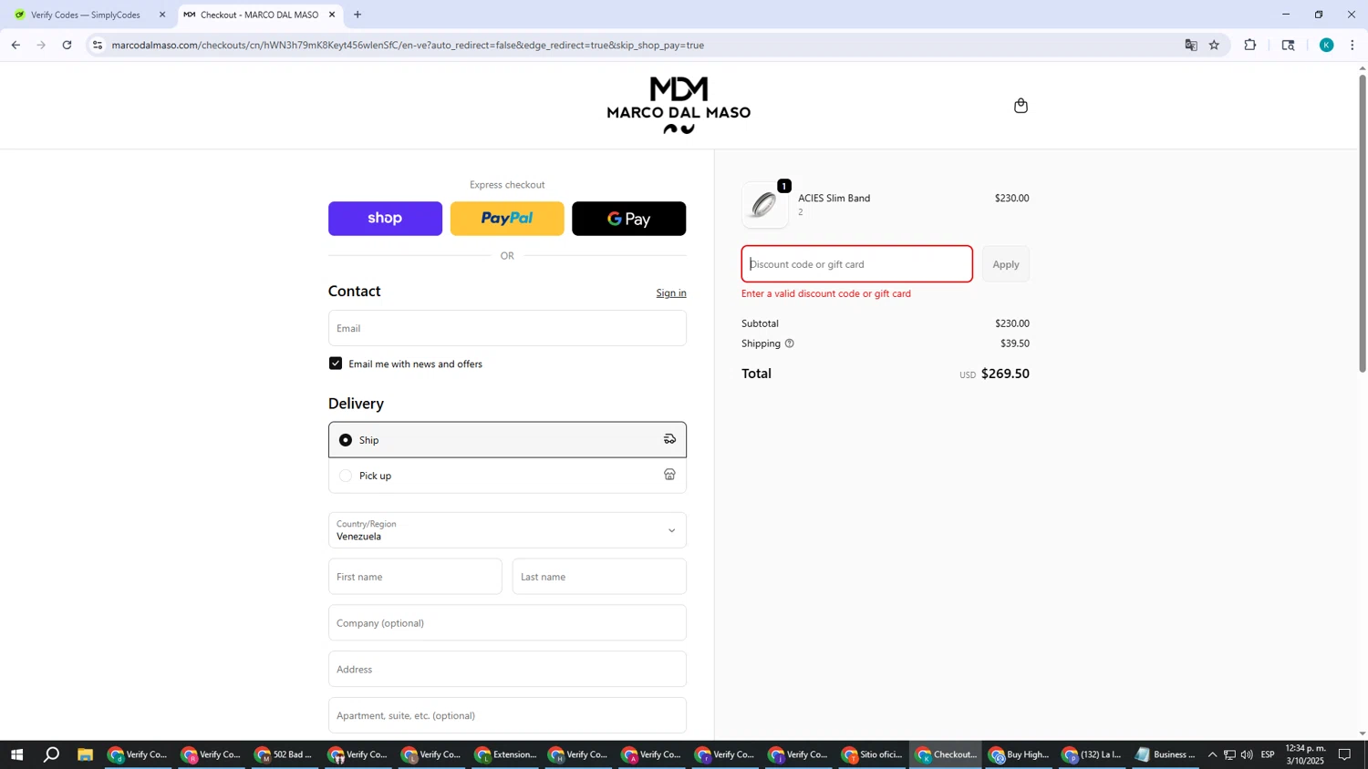 MARCO DAL MASO promo code screenshot showing code LUXURY10 applied at MARCO DAL MASO checkout page. Uploaded by SimplyCodes community member CodeHunter9012 on Oct 3, 2025