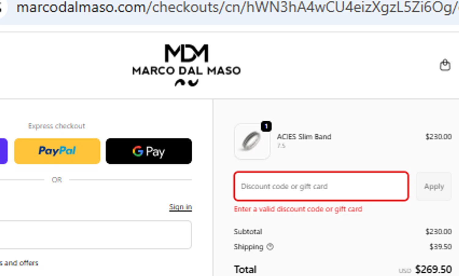 MARCO DAL MASO promo code screenshot showing code LUXURY10 applied at MARCO DAL MASO checkout page. Uploaded by SimplyCodes community member PennyOwl2559 on Oct 3, 2025
