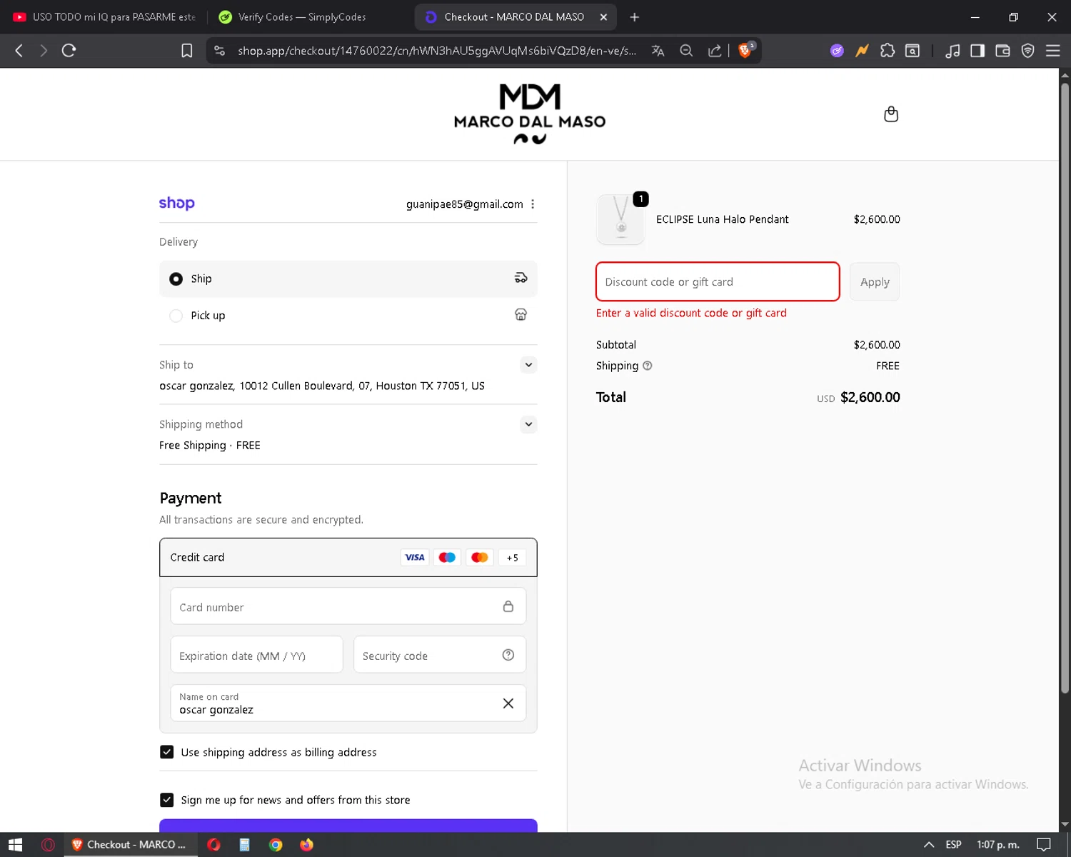MARCO DAL MASO promo code screenshot showing code LUXURY10 applied at MARCO DAL MASO checkout page. Uploaded by SimplyCodes community member mixelis on Oct 3, 2025