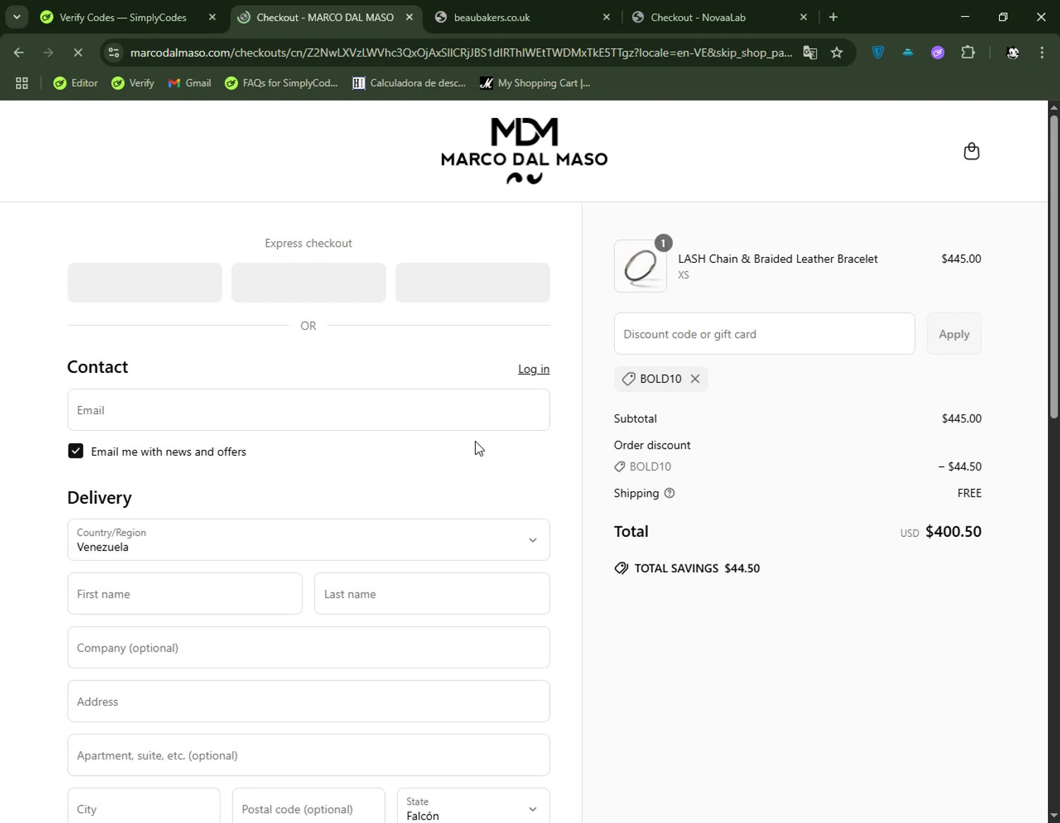 MARCO DAL MASO promo code screenshot showing code bold10 applied at MARCO DAL MASO checkout page. Uploaded by SimplyCodes community member FelixelGato on Jun 22, 2025
