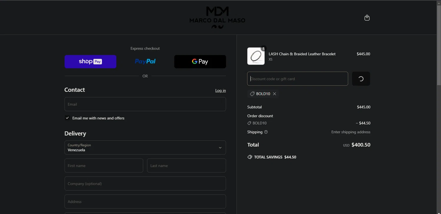 MARCO DAL MASO promo code screenshot showing code bold10 applied at MARCO DAL MASO checkout page. Uploaded by SimplyCodes community member Nor_man on Mar 28, 2025