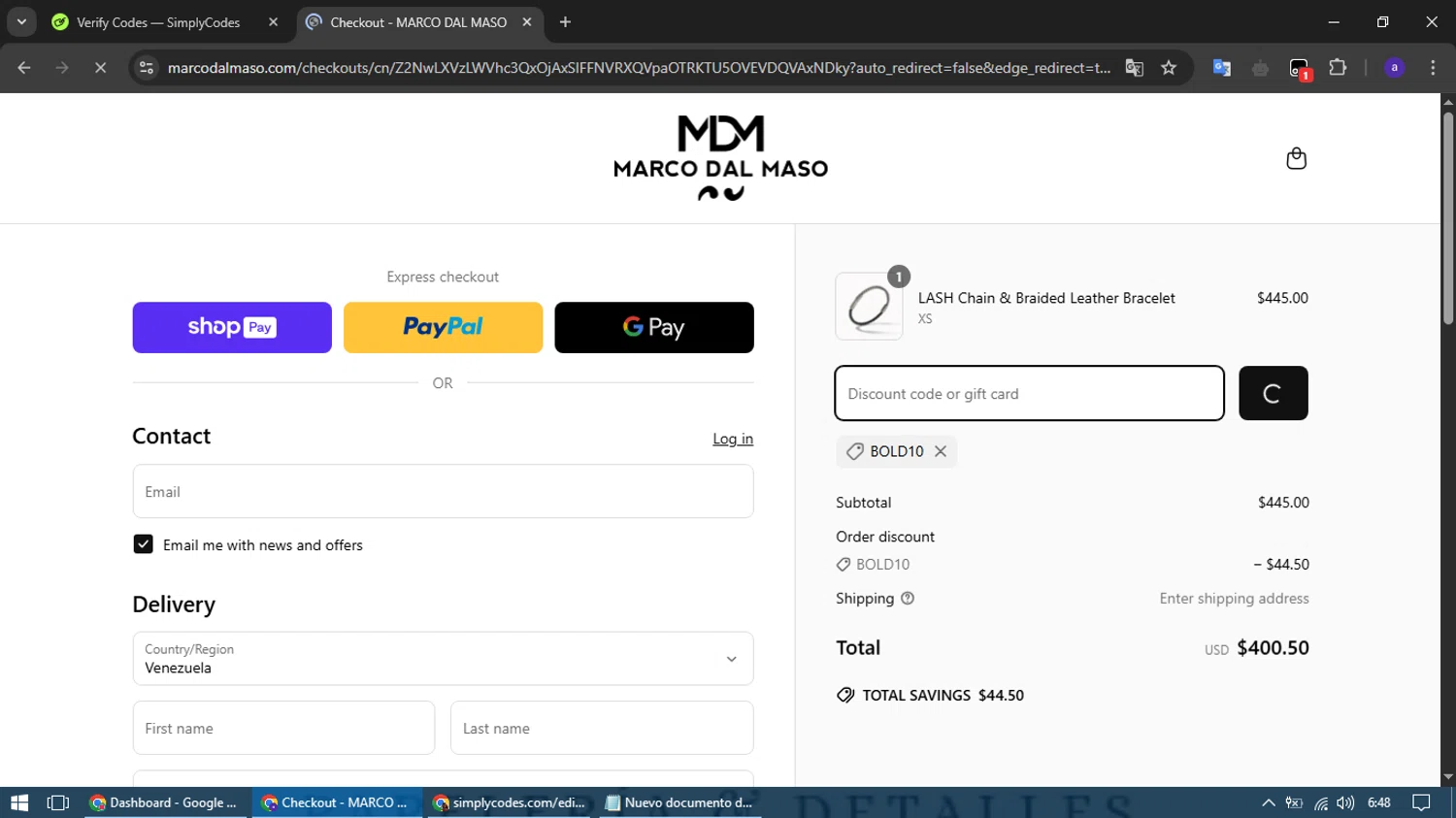MARCO DAL MASO promo code screenshot showing code bold10 applied at MARCO DAL MASO checkout page. Uploaded by SimplyCodes community member TreasureCurator3039 on Mar 28, 2025