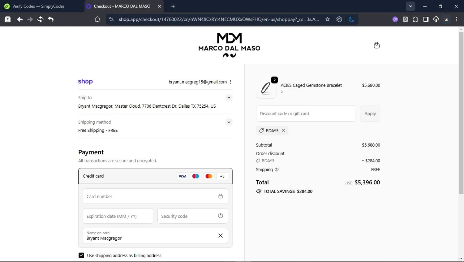 MARCO DAL MASO promo code screenshot showing code BDAY5 applied at MARCO DAL MASO checkout page. Uploaded by SimplyCodes community member BrilliantTitan6909 on Oct 15, 2025